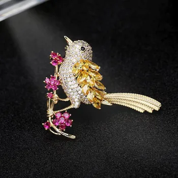 FXLRY de Cristal Elegante Animales Broches micro incrustaciones de circón Hermosas Aves Broche de la Rama de la Flor de Ropa Mujer Decorativos Pin