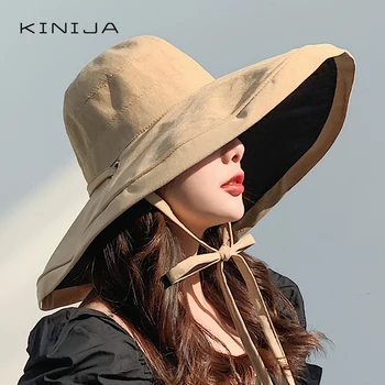 Verano de las mujeres de Doble cara de la moda amplios ala de su Sombrero de Sol al aire libre de la playa de pescadores tapa a prueba de UV sol protección sombrero sombrero de cubo