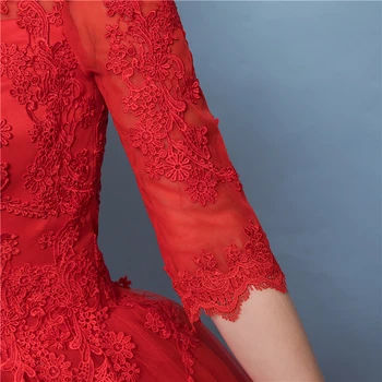 Moda Rojo Apliques de Encaje de la Boda vestidos de 2018, Más el Tamaño de Vestido de Bola de la Mitad de la Manga de Encaje Hasta la Piso-longitud de la Sexy Cuello Barco de la Ilusión