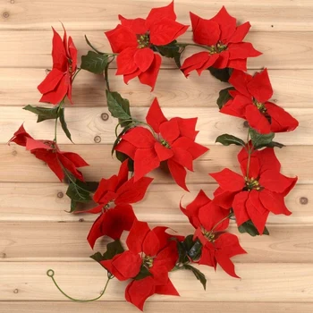 2Pcs Artificial de Navidad flor de pascua Guirnalda con Hojas de Acebo y Bayas para la Fiesta de Navidad de la Puerta Frontal de la Corona de Decoración