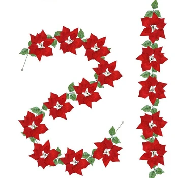 2Pcs Artificial de Navidad flor de pascua Guirnalda con Hojas de Acebo y Bayas para la Fiesta de Navidad de la Puerta Frontal de la Corona de Decoración