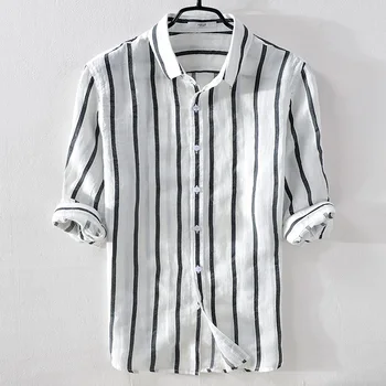 Italia de verano de la marca de ropa de los hombres camisa casual moda rayas blancas camisas de los hombres de lino de turn-down cuello de camisa cómoda macho chemise