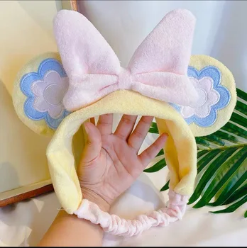 Disney bordado de flor grande en el oído de la diadema de niña arco de lavado de cara de la banda para el cabello diadema de dibujos animados lindo dulce salvaje tocado