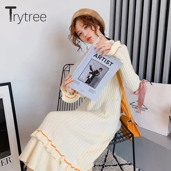 Trytree 2020 de Invierno de Mujer de Vestir Casual 4 Colores tejidos de Punto Vestidos de Mariposa Manga Volantes en el Dobladillo Elegante Altamente elástico Vestido de Base