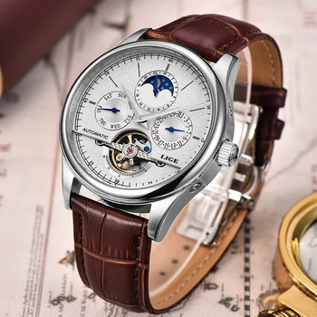 2020 LIGE la Marca de Moda de Plata para Hombre del Reloj Mecánico de los Hombres Tourbillon Automático Relojes Casual de Cuero de los Deportes del Reloj Relojes Hombre
