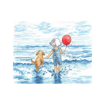La playa de el niño y su perrito de BRICOLAJE de punto de cruz kits cuentan 14 estampado impreso de punto de cruz set de bordado XXFISH paisaje de dibujos animados