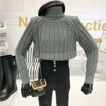 Jersey de Cuello alto Suéter de las Mujeres Otoño/invierno 2020 Engrosamiento Suelto llevar a Corto Vintage de Prendas de punto de la parte Superior