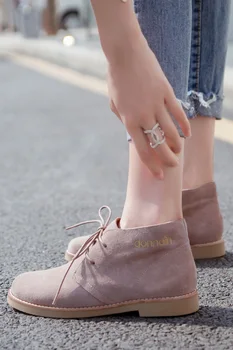 -Donna en el Tobillo Botas para Mujer Otoño Botas de Cuero Genuino Zapatos Planos Casuales de Gamuza Botines de Mujer 2020 Encajes Plus Tamaño Señoras