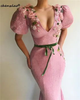Musulmán Rosa Sirena Vestido de Noche de 3D Flor de la V-Cuello Mangas Cortas de la Correa Larga Vestidos de Noche Formal Vestidos Vestido De Festa Longo