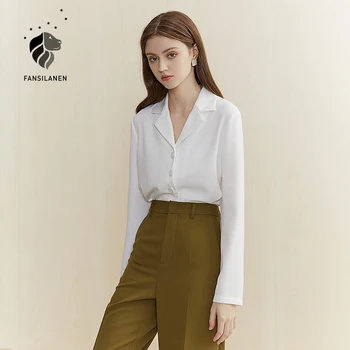 FANSILANEN Casual señora de la oficina de corta blusa camisa de las Mujeres ropa de trabajo de manga larga camisa blanca Superior femenina de la vendimia de streetwear blusa