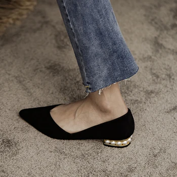 SLHJC Perlas de la Moda de los Zapatos de 2020 Otoño más reciente Superficial de Tacón Bajo los Zapatos de Dedo del pie Puntiagudo Deslizarse Sobre la Dama Casual Diaria Bombas