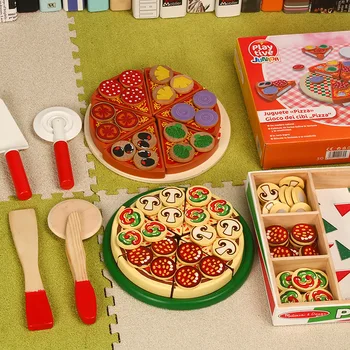 26pcs Pizza de Madera Juguetes de la Cocción de los Alimentos de la Simulación de la Vajilla de los Niños de la Cocina Pretender Jugar con Juguetes de Fruta Vegetal, Vajilla