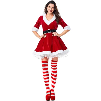 De alta Calidad de Terciopelo Miss Santa Claus Traje Sexy de Navidad NAVIDAD Dulce de color Rojo Vestido de Fantasía