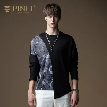 Pinli 2020 Otoño Nuevo O-cuello de Algodón de Empalme Slim Asimetría Casual de Manga Larga camiseta de los Hombres de la Moda de Ropa Única B201311036