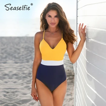 SEASELFIE Sexy colores combinados V-Cuello de Una sola Pieza Traje de baño de las Mujeres Collar de Tazas Monokini 2021 Playa Traje de Baño trajes de baño