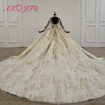 AXJFU de Lujo de la princesa de encaje de oro de la vendimia de cuello alto con abalorios de cristal de volantes brillante de manga larga vestido de la boda real del de 1999