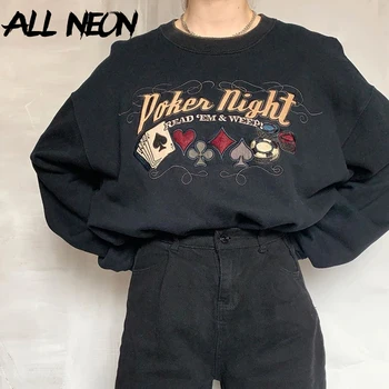 ALLNeon Y2K la Estética Gráfica y de la Carta de Bordado de gran tamaño Sweathirts E-chica Vintage de los años 90 con cuello redondo de Manga Larga Tops Negro