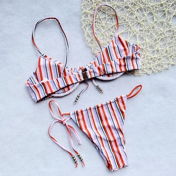 Triángulo de la Eslinga de las Mujeres del Traje de baño de rayas Impresas de trajes de baño de las Señoras de Arco de Cintura Alta del Nudo de Dos piezas Sexy ropa de playa Mini Bikini Set
