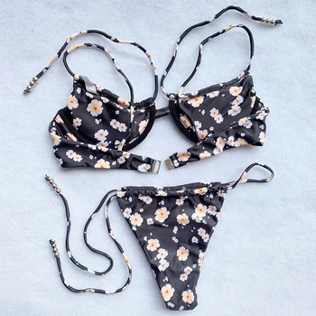 Triángulo de la Eslinga de las Mujeres del Traje de baño de rayas Impresas de trajes de baño de las Señoras de Arco de Cintura Alta del Nudo de Dos piezas Sexy ropa de playa Mini Bikini Set