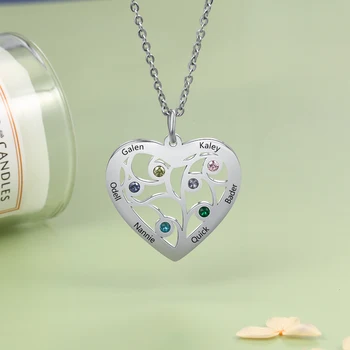 Personalizada Árbol de la Vida Corazón Collar con 6 Grabado de piedra de la fortuna de la Familia de los Nombres de Acero Inoxidable Colgante de la Joyería de Regalo(NE103181)