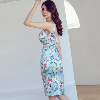 Floral Vestido midi para las mujeres ropa de Verano corea del azul sin Mangas de cuello V Sexy de poliéster de las Señoras elegantes de impresión Vestidos de oficina