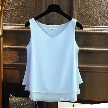 2020 Marca de Moda de Primavera de las Mujeres blusa de Verano sin mangas de la Gasa de la camisa de Sólido V-cuello Casual blusa de Más el Tamaño de la pérdida de