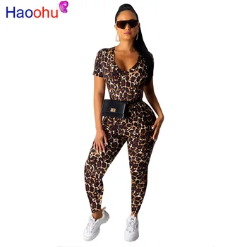 HAOOHU de Leopardo de Impresión de Dos piezas Conjunto de Chándal de Ropa de Mujer en camiseta de Manga Corta + Pantalones de Sudor Trajes Casual Ropa de juego