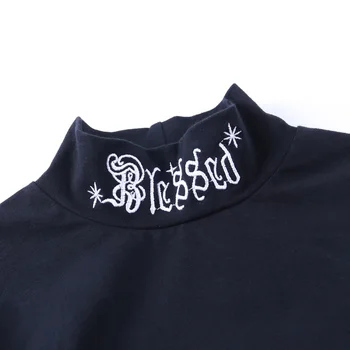 InstaHot de la moda de la carta de bordado simulacros de cuello t camisa 2020 lleno de algodón de manga 'crop tops' slim gótico ropa de otoño casual tops