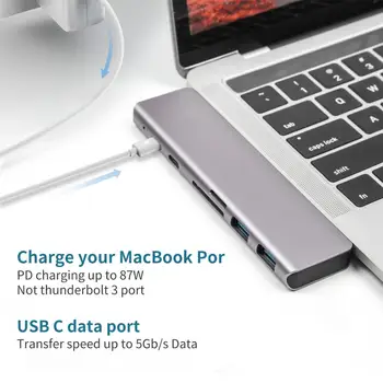 7-en-1 USB Hub para el macbook air de 13 Adaptador hdmi Dual Concentrador de Tipo C, Compatible para 2017/2016 MacBook Pro macbook pro de 2018