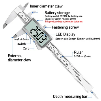 Todos los metales gran pantalla HD de electrónica digital de pinza de 0-150 mm, de acero inoxidable vernier calibrador de precisión de la medición de la herramienta