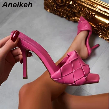 Aneikeh 2020 Verano Nuevo Diseño de Cuero de la PU de las Mulas, Zapatos de las Mujeres de Gladiador del Dedo del pie Cuadrado Tacón Alto Deslizamiento de las Zapatillas De Tamaño de la Diapositiva 35-41