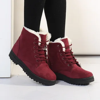 Botas de invierno de las Mujeres de la Moda de Zapatos de Mujer Cálida Piel de Felpa cordones antideslizante Botas de Nieve Vaca Suede botines de Cuero Rojo Zapatos de las Mujeres