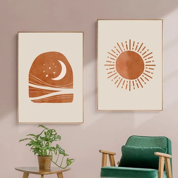 El Arte abstracto Paisaje de Sol y de la Luna Escena Boho Lienzo de Pintura de Carteles y Grabados, Arte de la Pared para la Sala de estar Decoración del Hogar