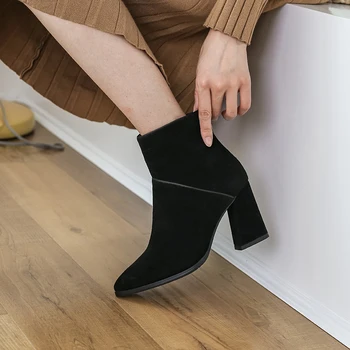 Las mujeres de Tobillo botas de Cuero Genuino tamaño más 22-26.5 cm pies de longitud de la punta del dedo del pie del lado de la cremallera de invierno zapatos de las mujeres zapatos