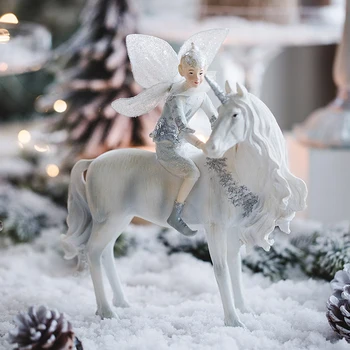 Elf Boy Montar Un Unicornio Blanco Caballo De Figuritas De Resina Adornos Creativos De Hadas Estatua De Escritorio Moderno Artesanía Diseños De Decoración Para El Hogar