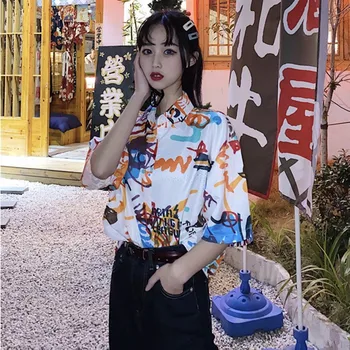 La vendimia de las Mujeres Camisas de Playa de Estilo Harajuku Streetwear Turn-down Collar de las Señoras Tops de Verano, Blusas Sueltas