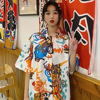 La vendimia de las Mujeres Camisas de Playa de Estilo Harajuku Streetwear Turn-down Collar de las Señoras Tops de Verano, Blusas Sueltas