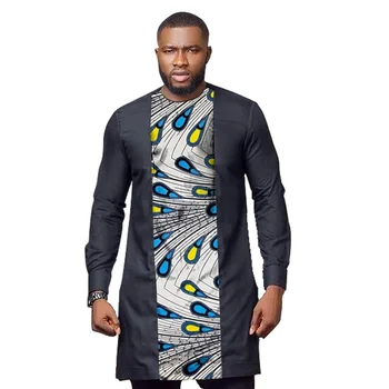 Nigeriano de Impresión de los Hombres de Larga Camisetas de Patchwork Negro Tops Africana de Moda Casual Masculina Modelitos de Fiesta Personalizado