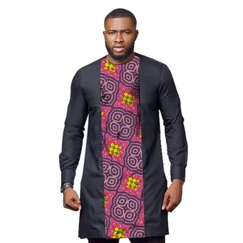Nigeriano de Impresión de los Hombres de Larga Camisetas de Patchwork Negro Tops Africana de Moda Casual Masculina Modelitos de Fiesta Personalizado