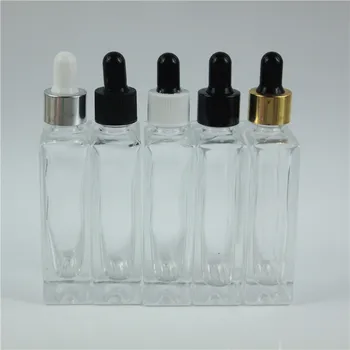 Rápido Envío 50pcs/lot 50ml Cuadrados de Cristal Transparente Botella de Aceite Esencial Con Gotero 1OZ de Aceite Esencial de Contenedor Botella de Perfume