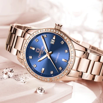 La moda Automático del Reloj de las Mujeres de la Marca Superior del CARNAVAL de las Mujeres Relojes de Oro Rosa Impermeable Calendario de Zafiro Luminoso de Acero Reloj de vestir