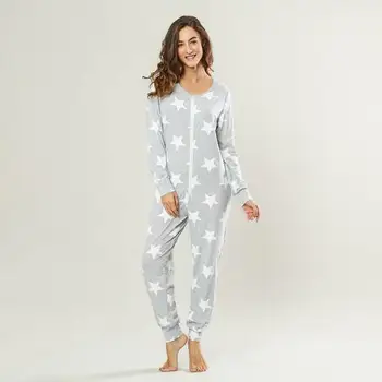 El otoño Y el Invierno las Mujeres Mamelucos Mono Pijama Lindo Patrón de Estrellas Completas de Cuello Redondo ropa de Dormir Cómodo Casual sleepwearwear