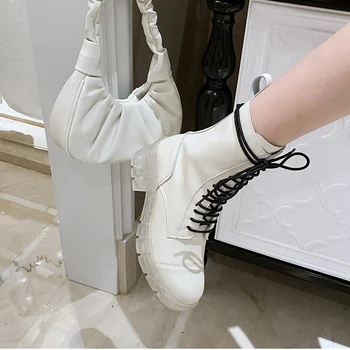 2020 las Mujeres de la Moda de la Cremallera de Martin Botas de 6 cm de Tacón de Plataforma de Cuero de la PU Botas de Encaje Blanco Negro Militar de Botas Vaqueras, Botas de