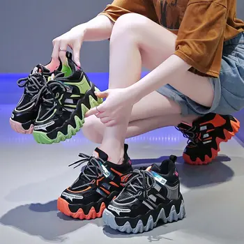 Las mujeres de la Plataforma Transpirable Zapatillas de deporte de Cuero Zapatos Casuales de 11 cm de Cuña Tacones Gruesos Zapatillas de Cristal de Alta Grueso Chaussures Femme