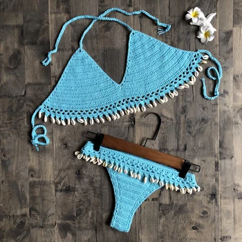 Crochet Bikini Set Shell Borlas Bikini Brasileño Crochet Traje De Baño Halter De Las Mujeres Trajes De Baño Strappy Bikinis Envío Gratis 2019 Nuevo
