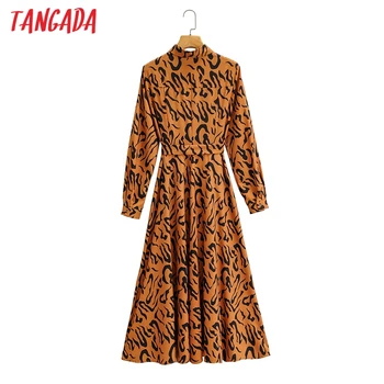 Tangada las mujeres de la moda del leopardo de impresión de la camisa de vestir con la barra de Manga larga de mujer vestido largo Vestidos 2F66