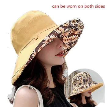 Doble Lado del Cubo de los Sombreros de las Mujeres de Impresión Nuevo protector solar de la Visera del Sombrero de Mujer de la Cuenca del Gorro de Ala Ancha Sunbonnet Sombreros de Verano, de Playa, sombreros para el Sol