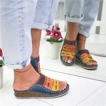 2020 Nuevo Verano De Las Mujeres Sandalias De Costura Señoras Sandalias De Dedo Del Pie Abierto Casual Zapatos De Cuña Con Plataforma Diapositivas De La Playa De Zapatos De Mujer