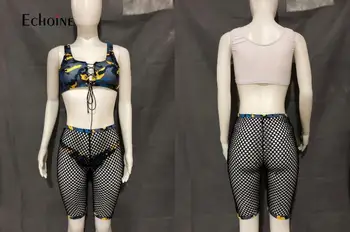 Echoine mujeres 3PCS Traje de baño de impresión vendaje bikini set cortos de Malla traje de baño push-up de trajes de baño sexy Hueco de ropa de Playa femme