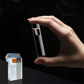 USB de Carga Ligero Toque de Inducción a prueba de viento Electrónica Ultra-delgada de Metal Encendedor de Cigarrillos Recargables Encendedores para los Hombres de Regalo